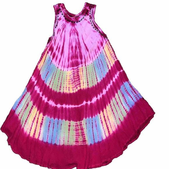 Hippie Dress One Size MIDI Colorful Fuschia Rainbow‎ Embroidered Bold Festival - Picture 9 of 9